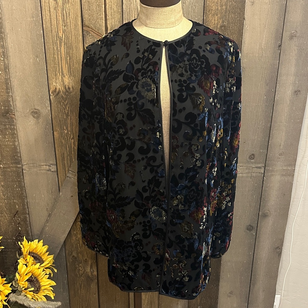 Black Tie Oleg Cassini Velvet Burnout Floral Long Jacket Size 8 Holiday Party